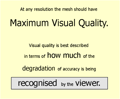 At any resolution the mesh should have Maximum Visual Quality. Visual quality is best described in terms of how much of the degradation of accuracy is being recognised by the viewer.